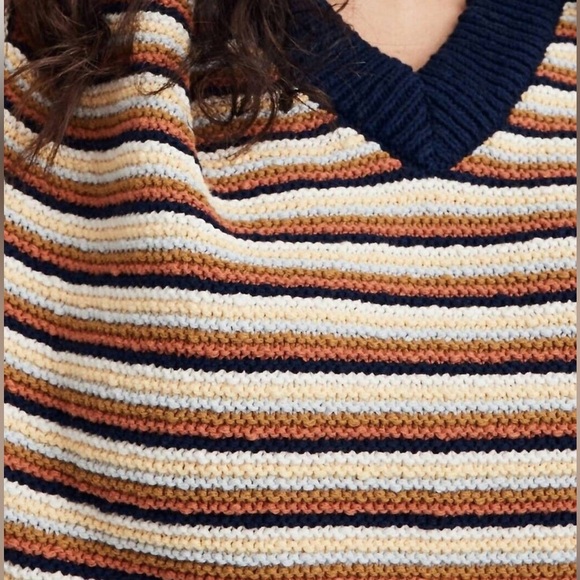 Madewell Arden VNeck Multi Cotton Slouchy Striped Sweater Sz XL 90s Gilmore Girl - Picture 3 of 10